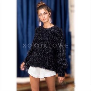 POL Black & Silver Sparkly Fringe Sweater | Eyelash Knit Statement